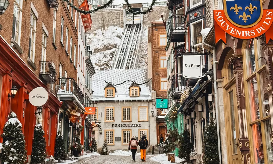 Wandering through the snowy streets of Petit-Champlain in Old Québec, Canada.
