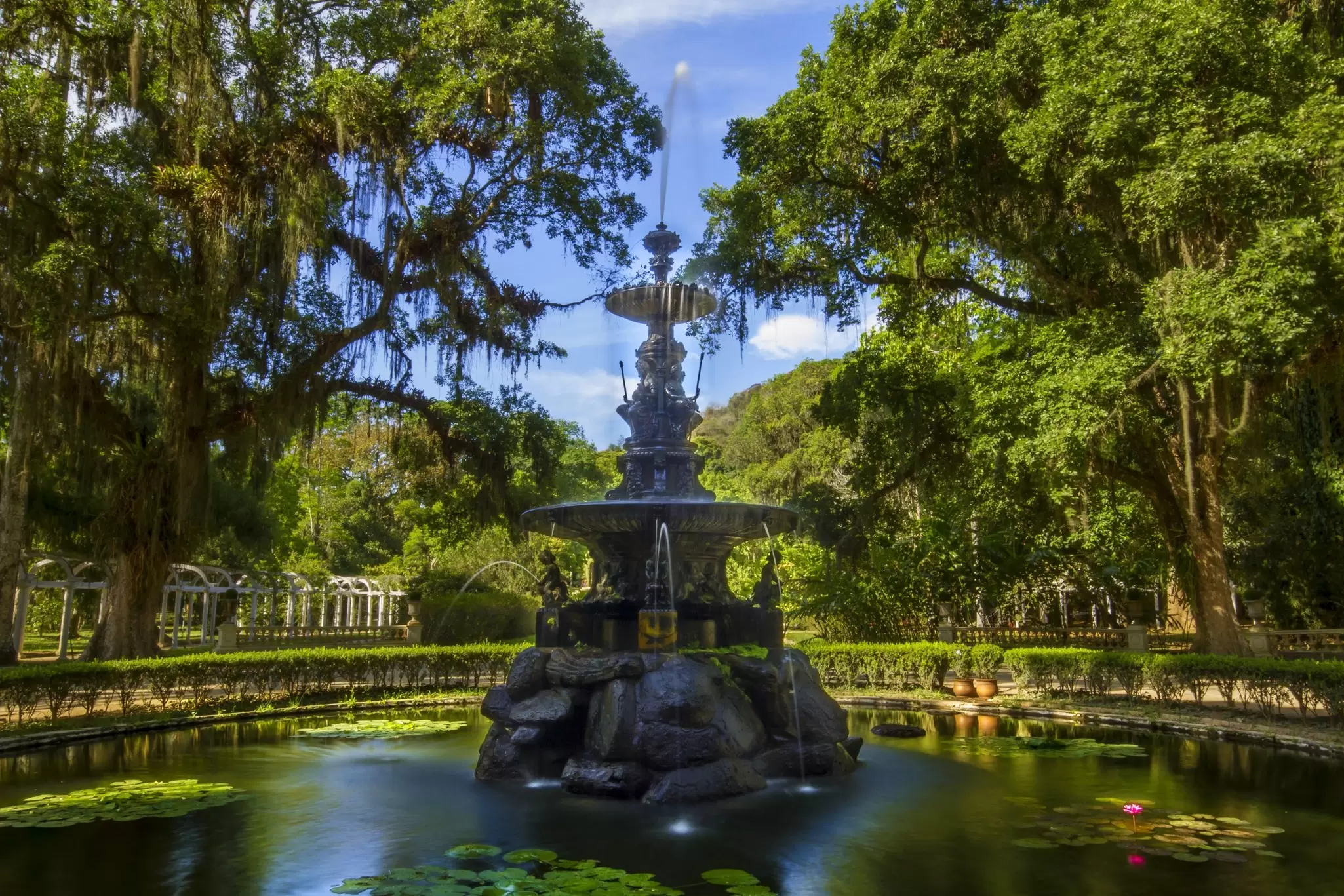 View of a fountain surrounded by lush foliage at the Jardim Botânico in Rio de Janeiro, Brazil.