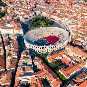 Aerial view of Verona Arena, a Roman amphitheater in Verona, Italy surrounded by the city center.