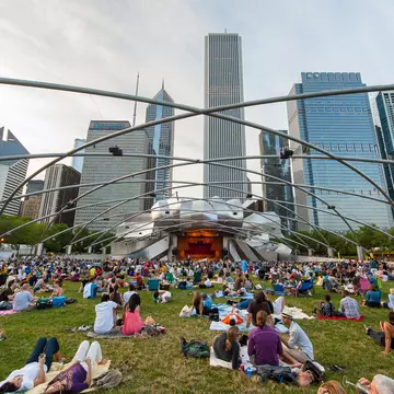 A concert at the popular Jay Pritzker Pavilion in Millennium Park, Chicago