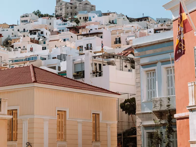 View of Ermoupoli, on Syros island with blue skies