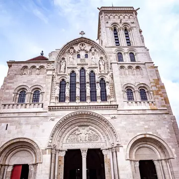Vezelay, france, april 13, 2022 : exteriors and architectural details of portal entrance of  Saint Mary Magadalene abbey