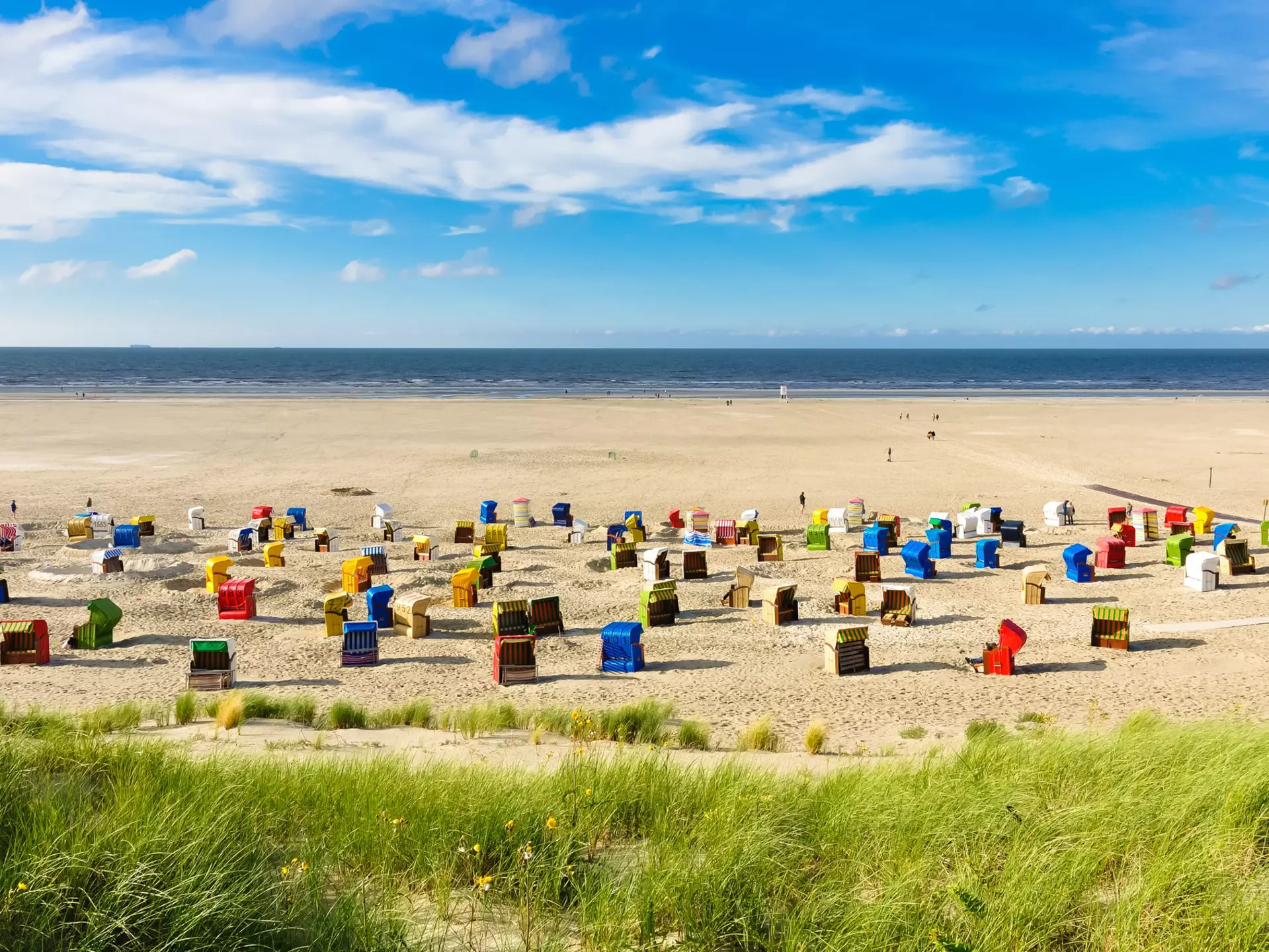 Colorful beach chairs scattered across the sands on a vast beach backed by grass-covered sand dunes.