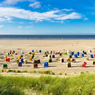 Colorful beach chairs scattered across the sands on a vast beach backed by grass-covered sand dunes.