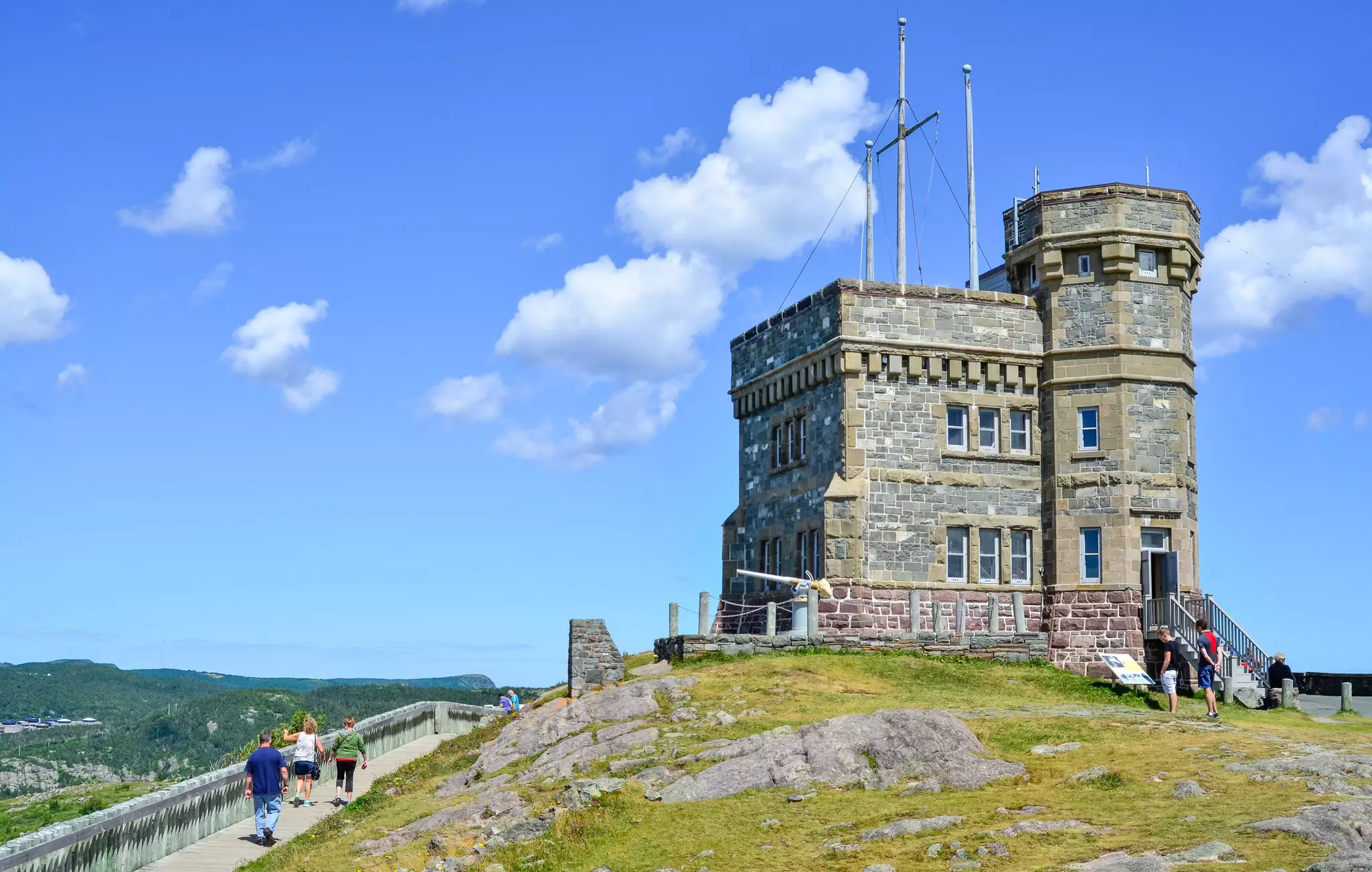 Large stone building atop a grassy hill on a sunny day. People walk up a concrete path to the left; some read a placard to the right.