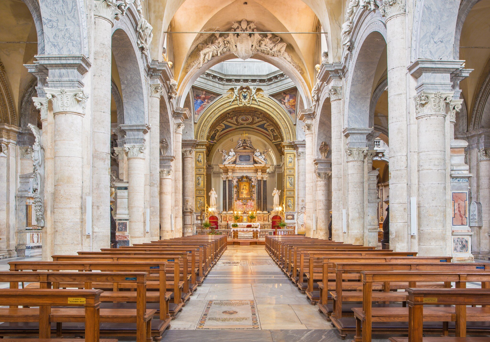 The nave of the Basilica Parrocchiale Santa Maria del Popolo in Rome, Italy.