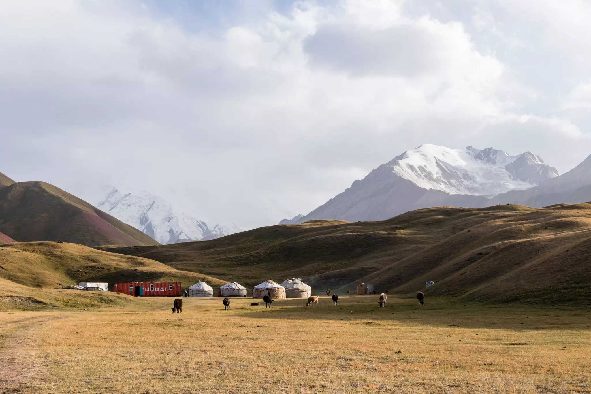 Yurt Base Camp at Tulpar Lake at the foot of Peak Lenin in Kyrgyzstan