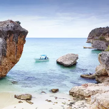Motorboat near shore in Bahía de las Águilas, Dominican Republic.