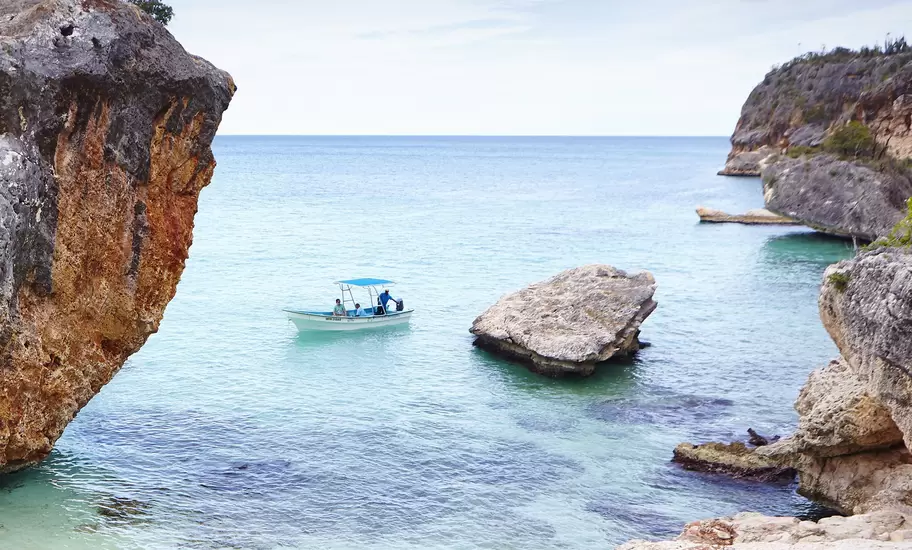 Motorboat near shore in Bahía de las Águilas, Dominican Republic.