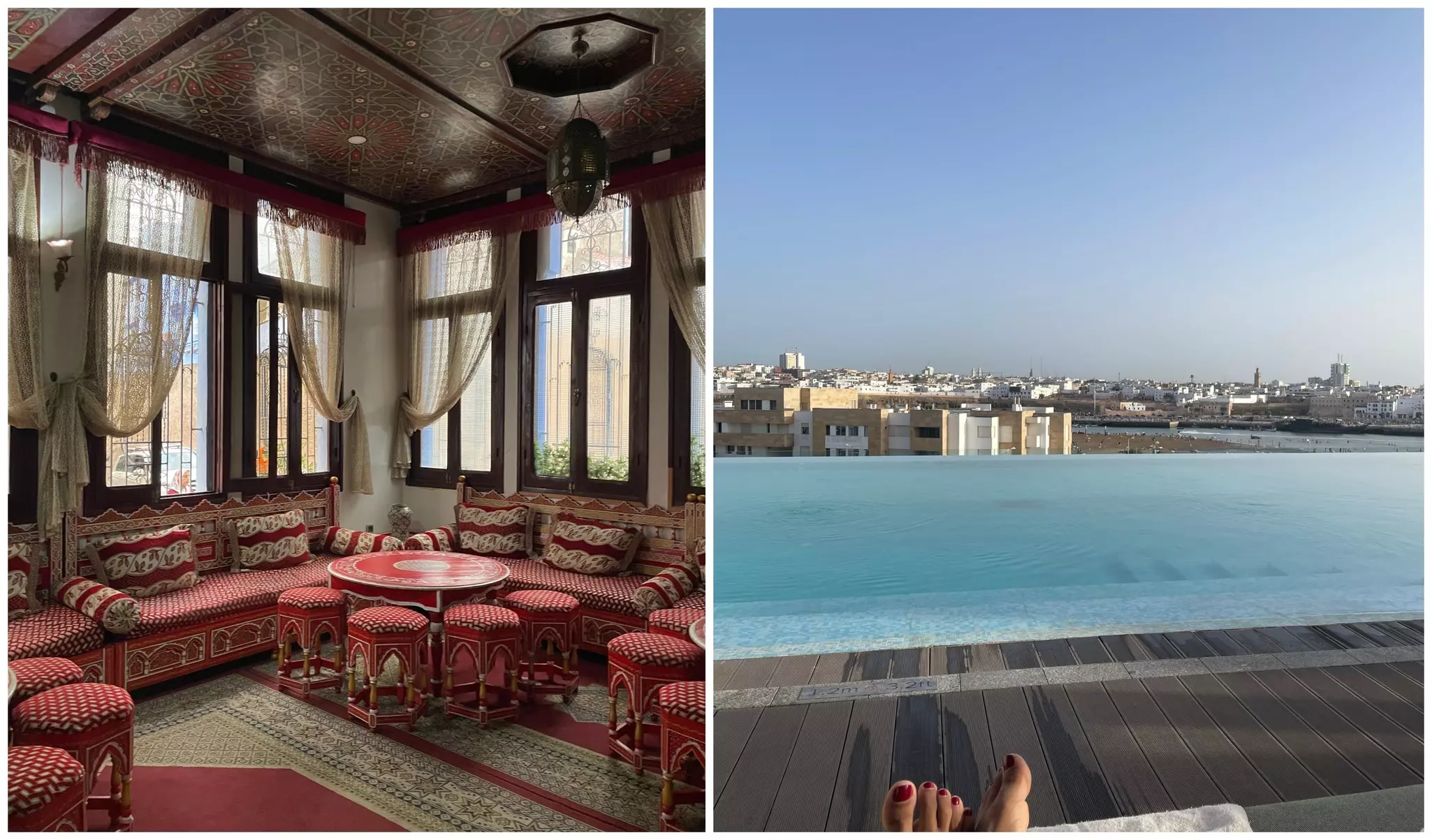 L: The traditional-style interior of the Hotel Madrid in Chefchaouen R: Deepa relaxes by the pool of the Fairmont La Marina Rabat-Salé in Rabat © Deepa Lakshmin