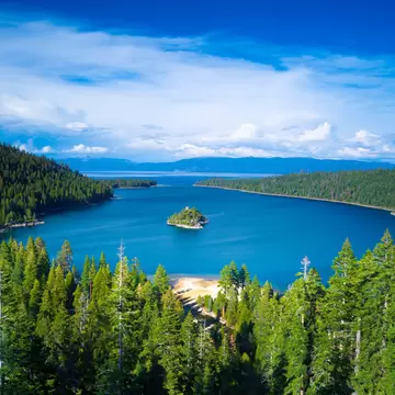 Emerald Bay with Fannette Island in Lake Tahoe, California.