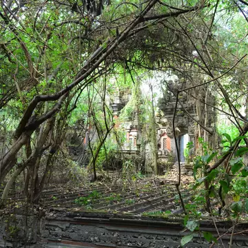 An ornate Balinese gateway swallowed by vines and bare branches, with the stepped tiers of a derelict amphitheatre below.