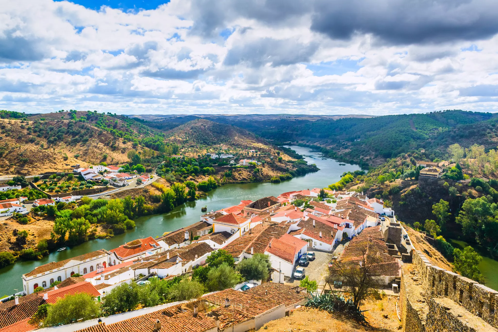 View of the river Guadiana and the village of Mertola. Alentejo Region, Portugal