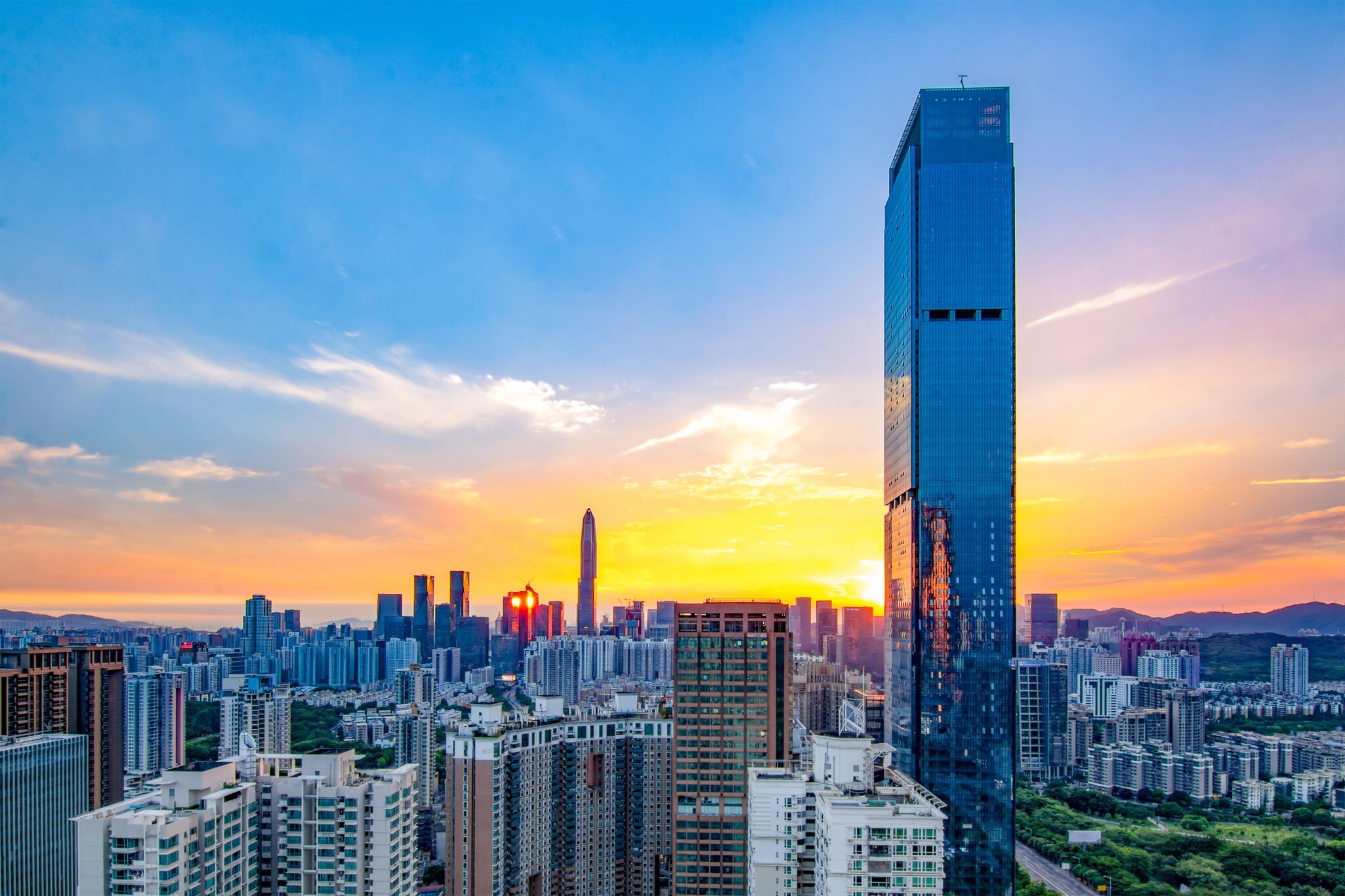 The cityscape in the Futian District during sunset.