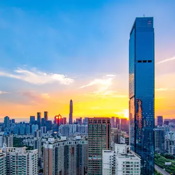 The cityscape in the Futian District during sunset.