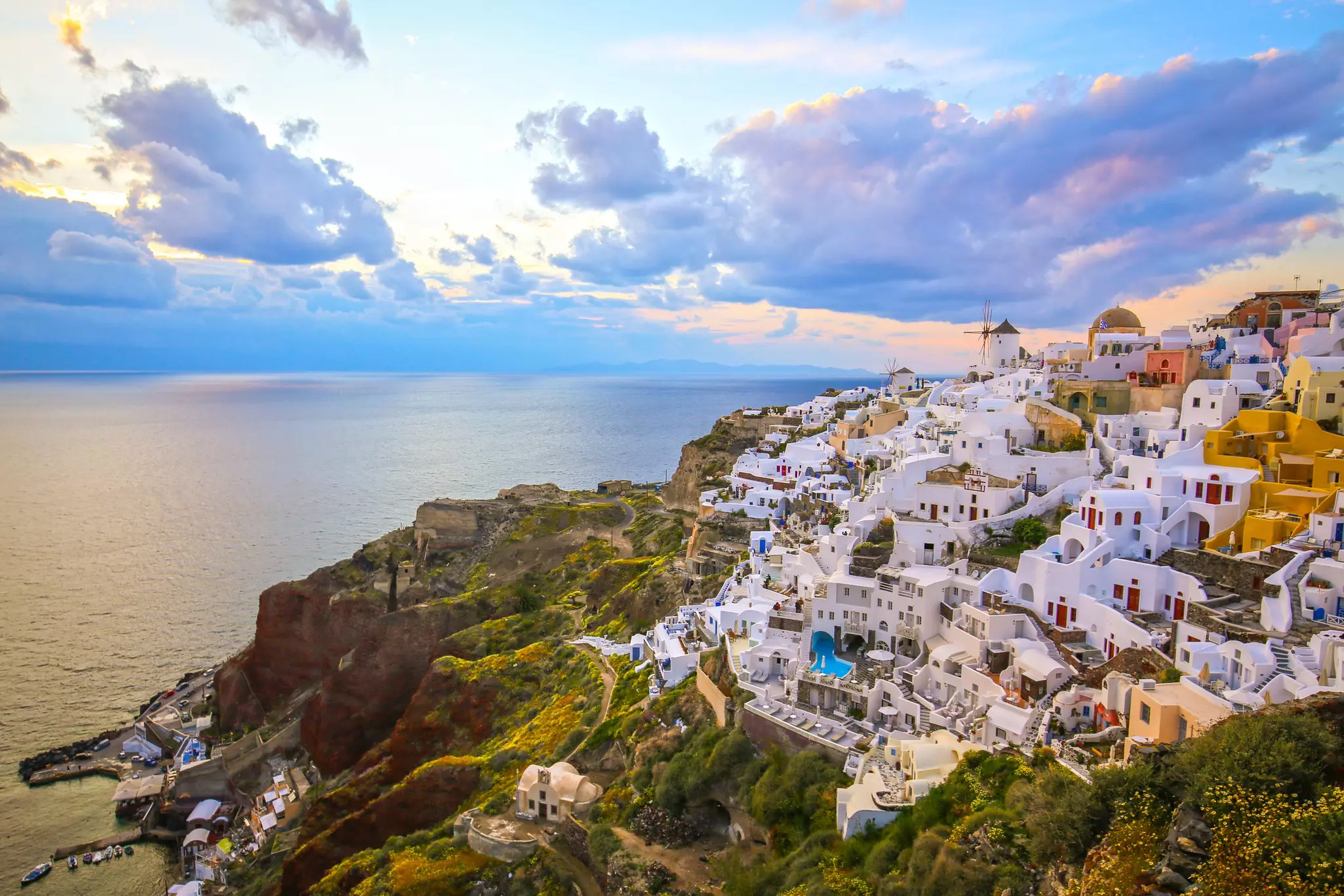 A view of beautiful Oia from the air.