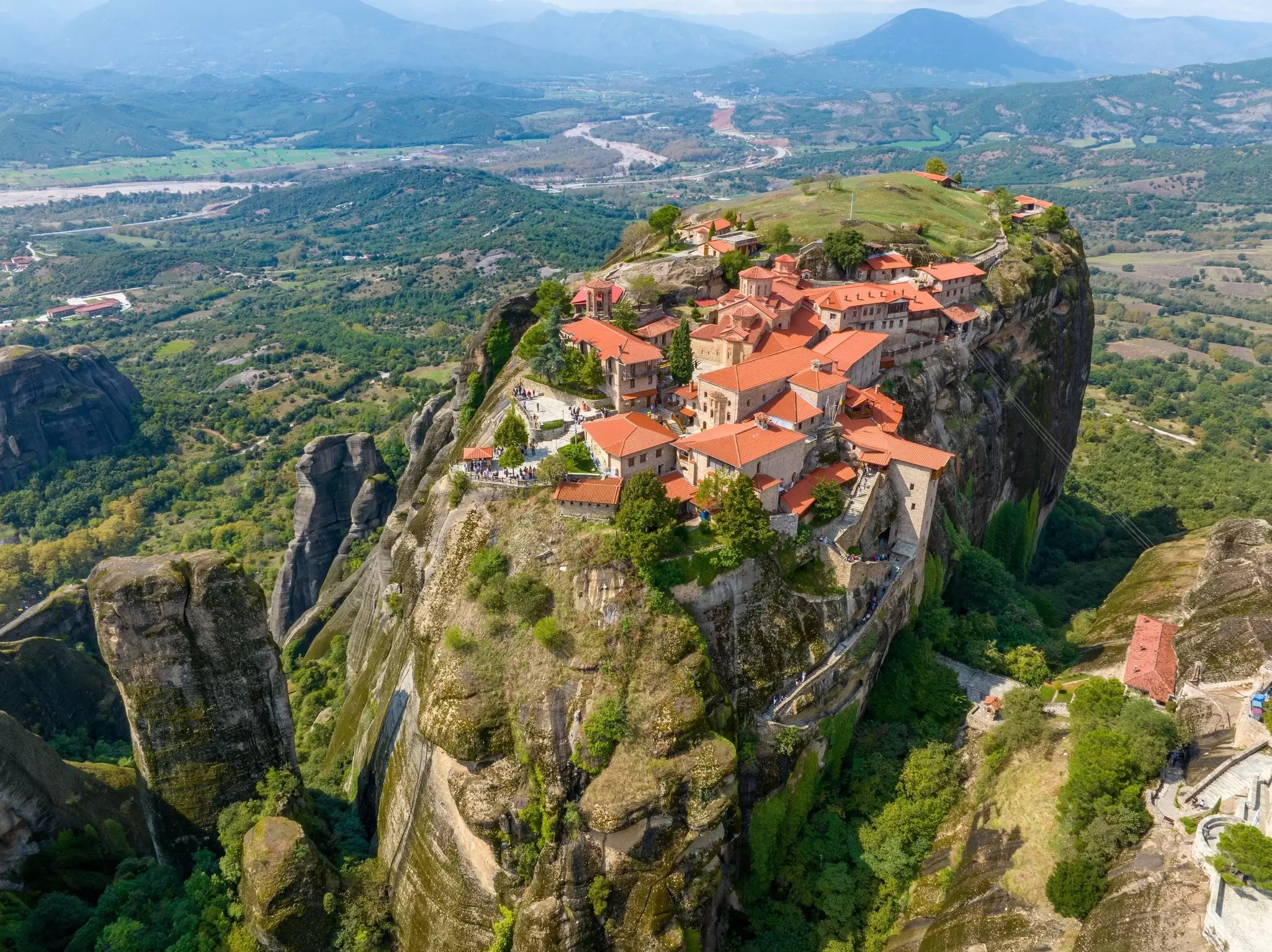 Aerial view of Moni Megalou Meteorou in Meteora, Greece.