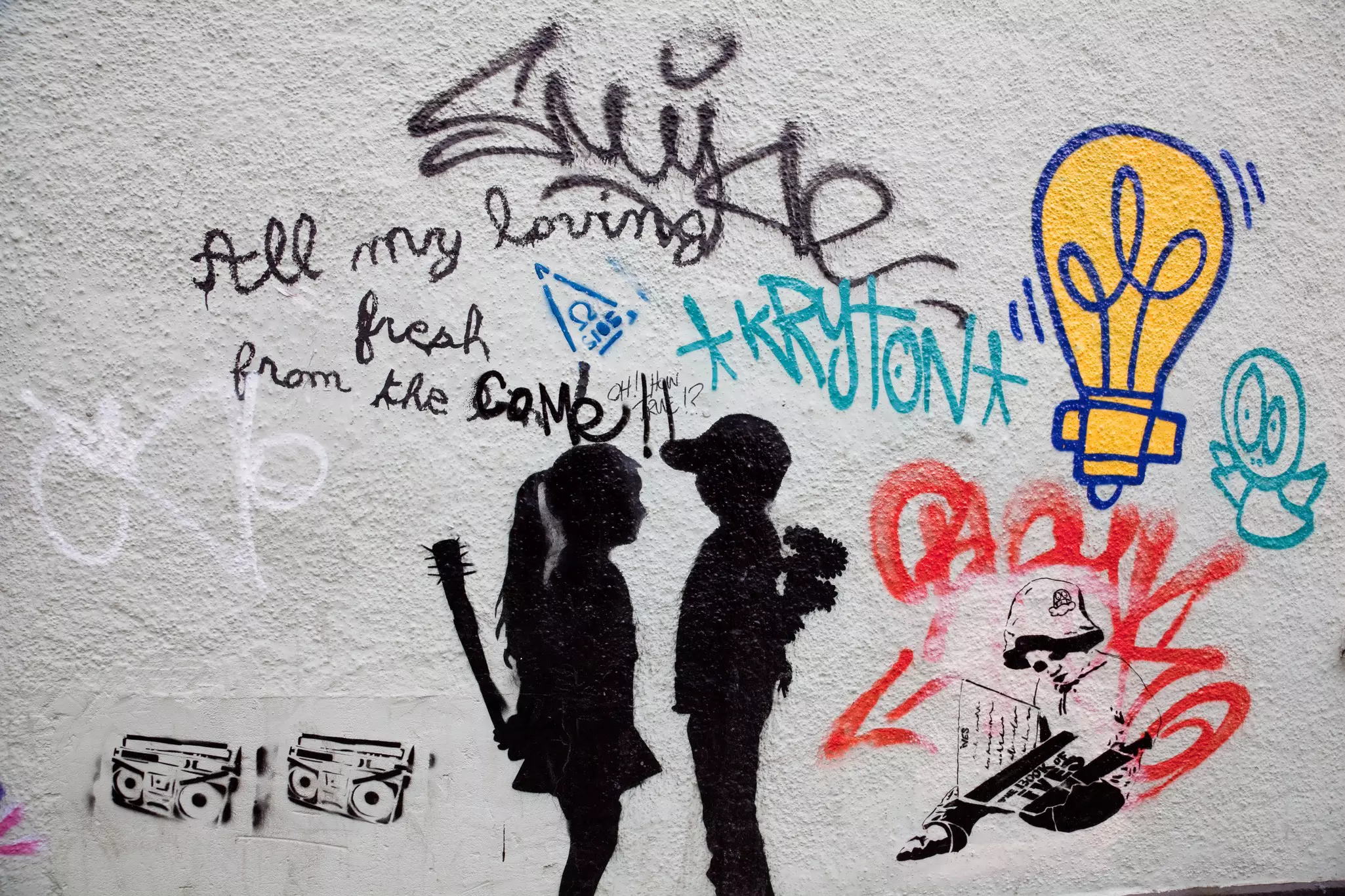 Street graffiti paintings in central Bristol, United Kingdom. City of Bristol is a very popular place to exhibit street graffiti art of different anonymous artists.