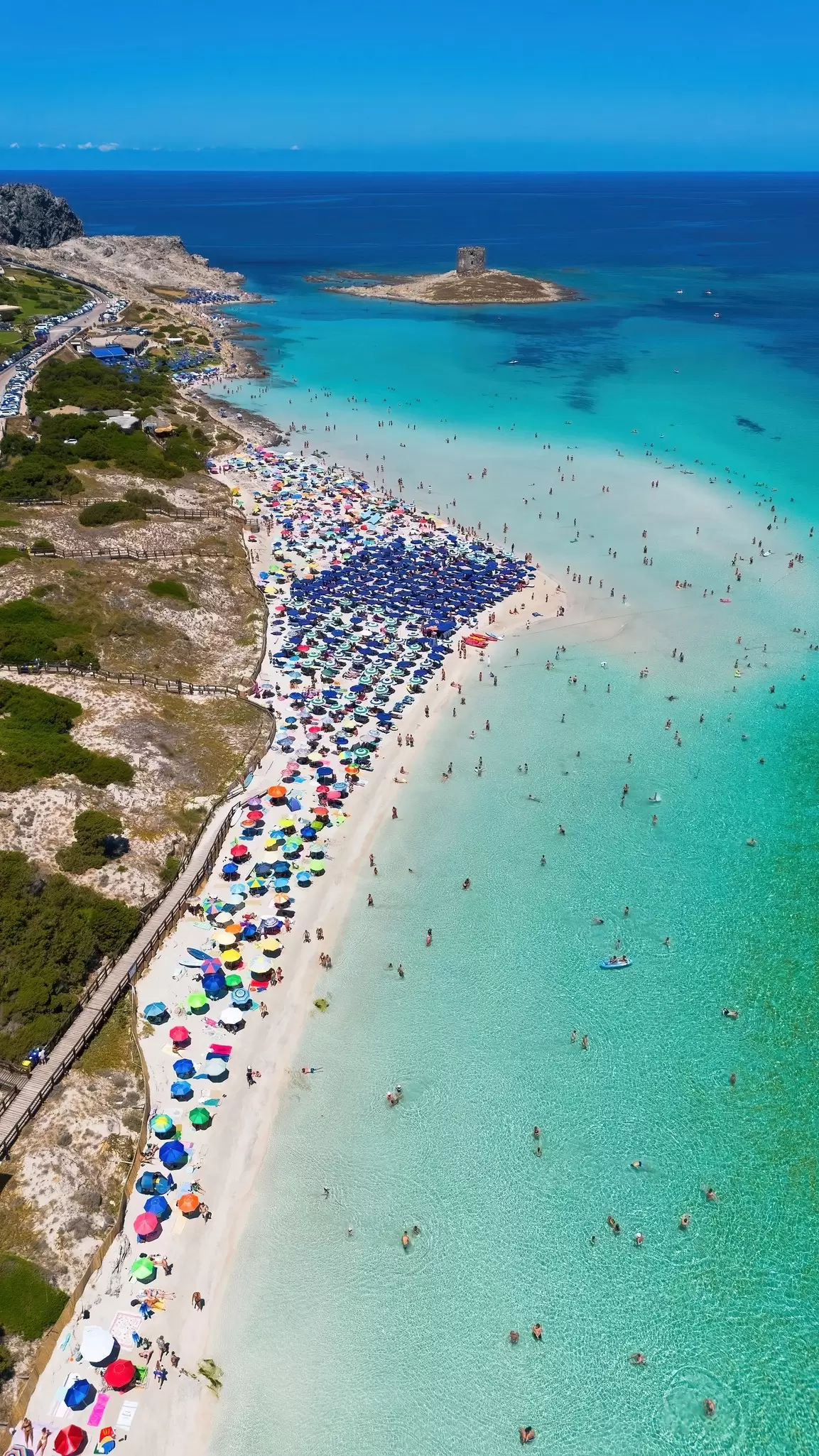 Aerial view of the crowded paradise beach La Pelosa in Stintino, Sardinia