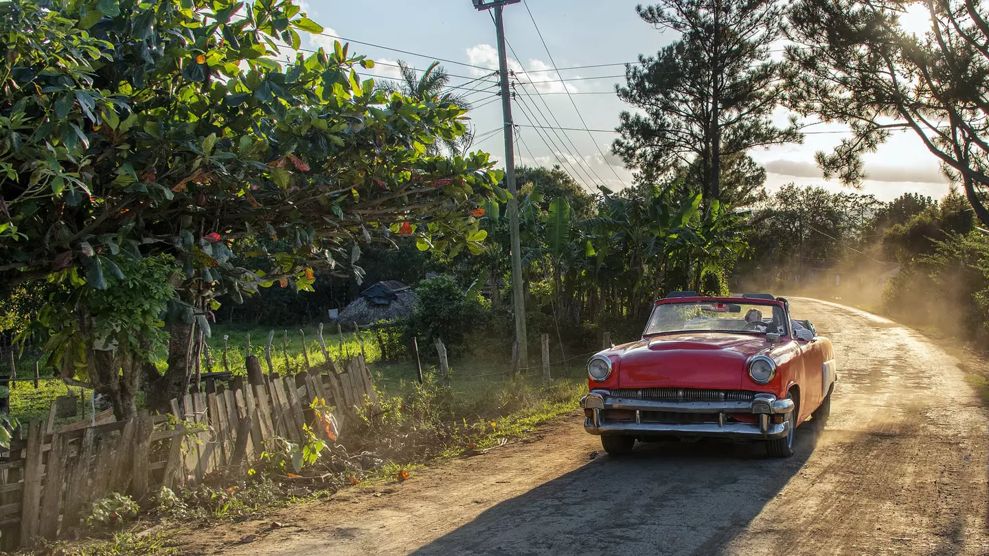A person driving a vintage car on an unmade road in Viñales, a beautiful and lush valley in Pinar del Río Province, Cuba