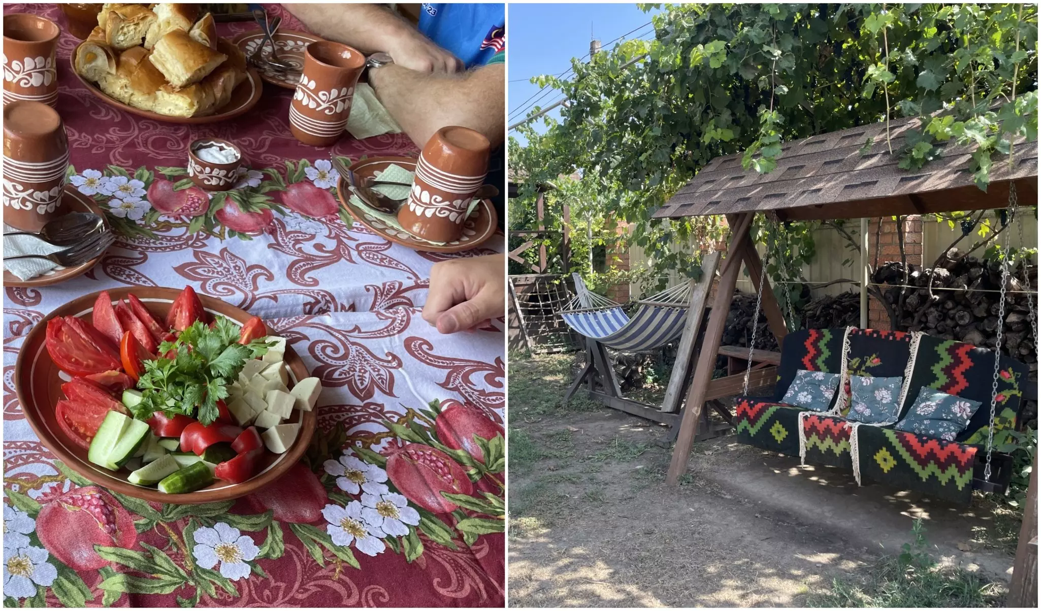 Homecooked food and the outside area of Casa Karaman house museum near Tiraspol