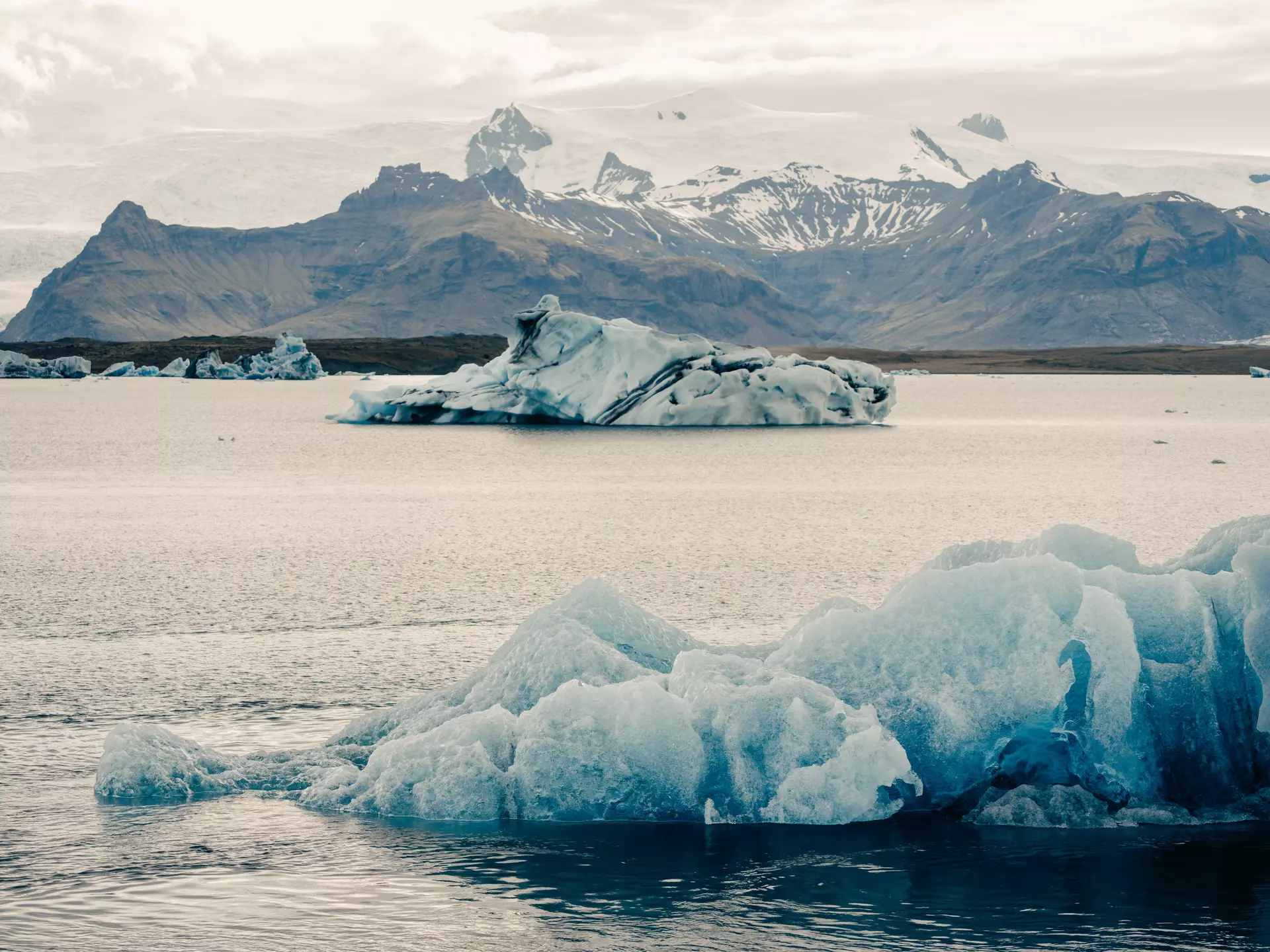 Blue icebergs in a lagoon under cloudy skies, with a snow-covered glacier on the far shore.