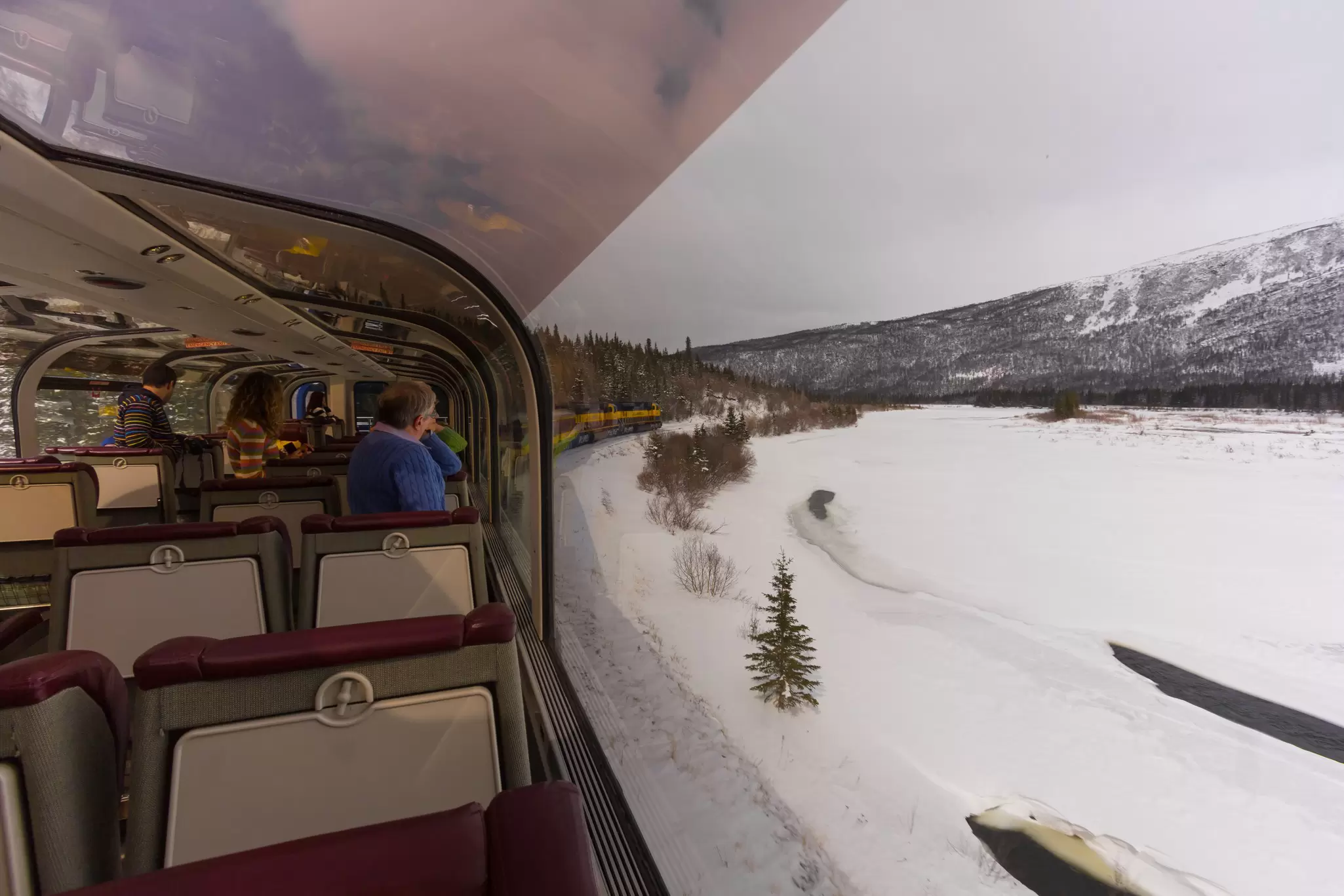 Anchorage, Alaska: Tourist enjoy the view from Alaska Railroad Gold Star Service car on the way to Denali National Park.