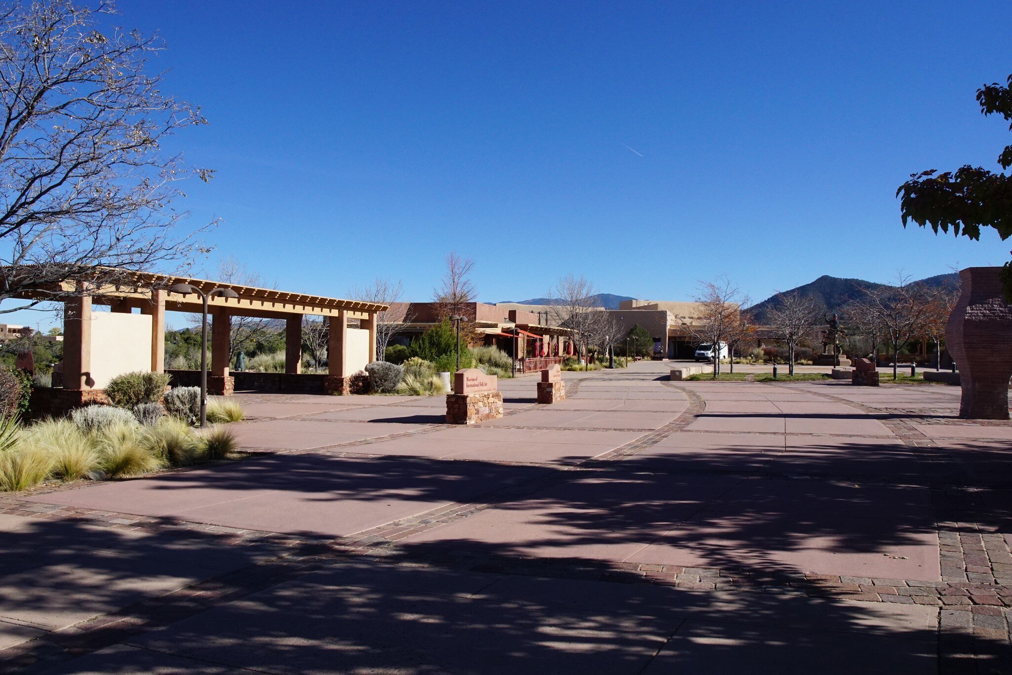 View of Milner Plaza at Museum Hill in Santa Fe, New Mexico.