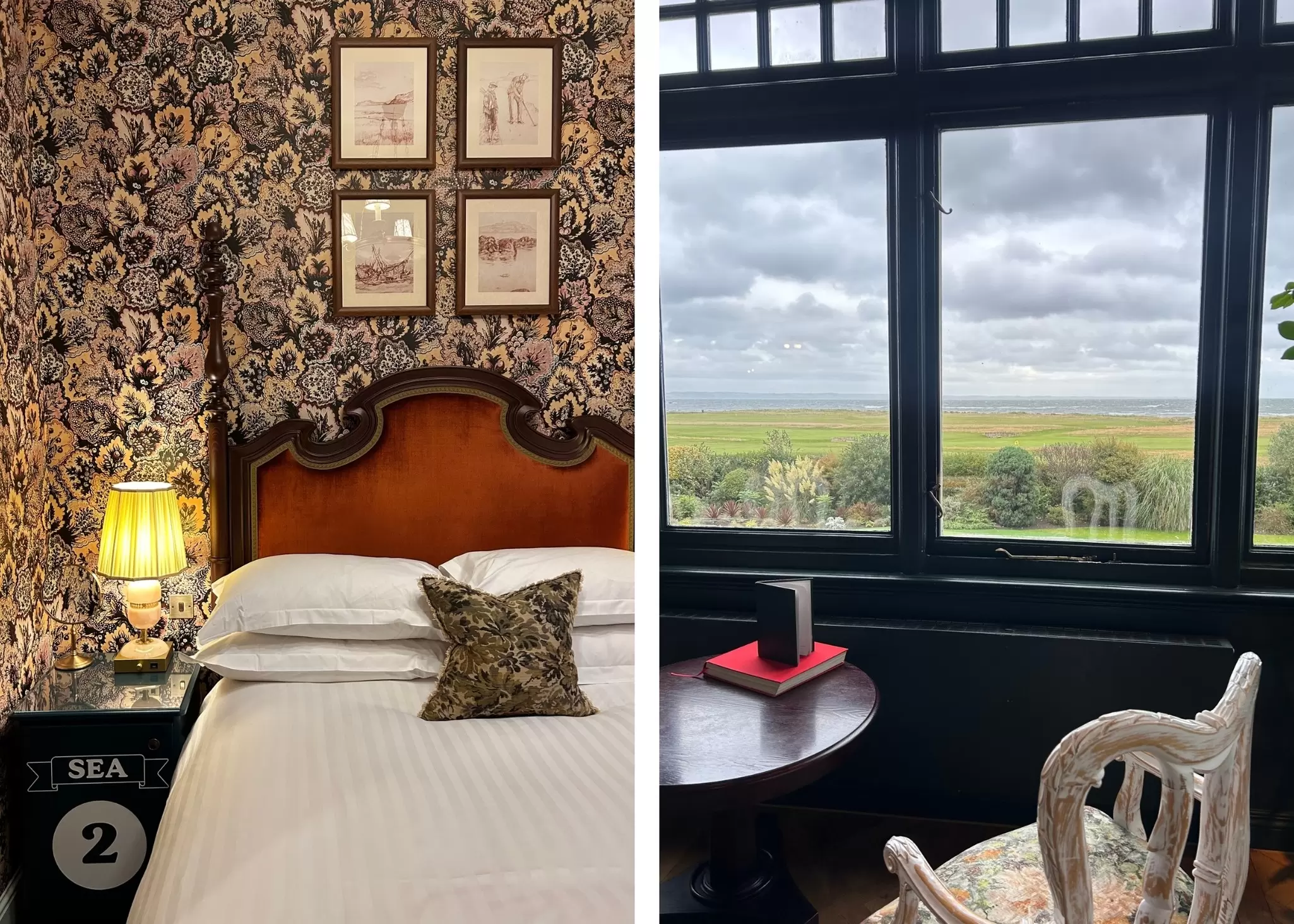 Left: A white bed in a hotel room with patterned wallpaper behind the headboard; right: a chair and round table by a window with a view of grass and the sea.