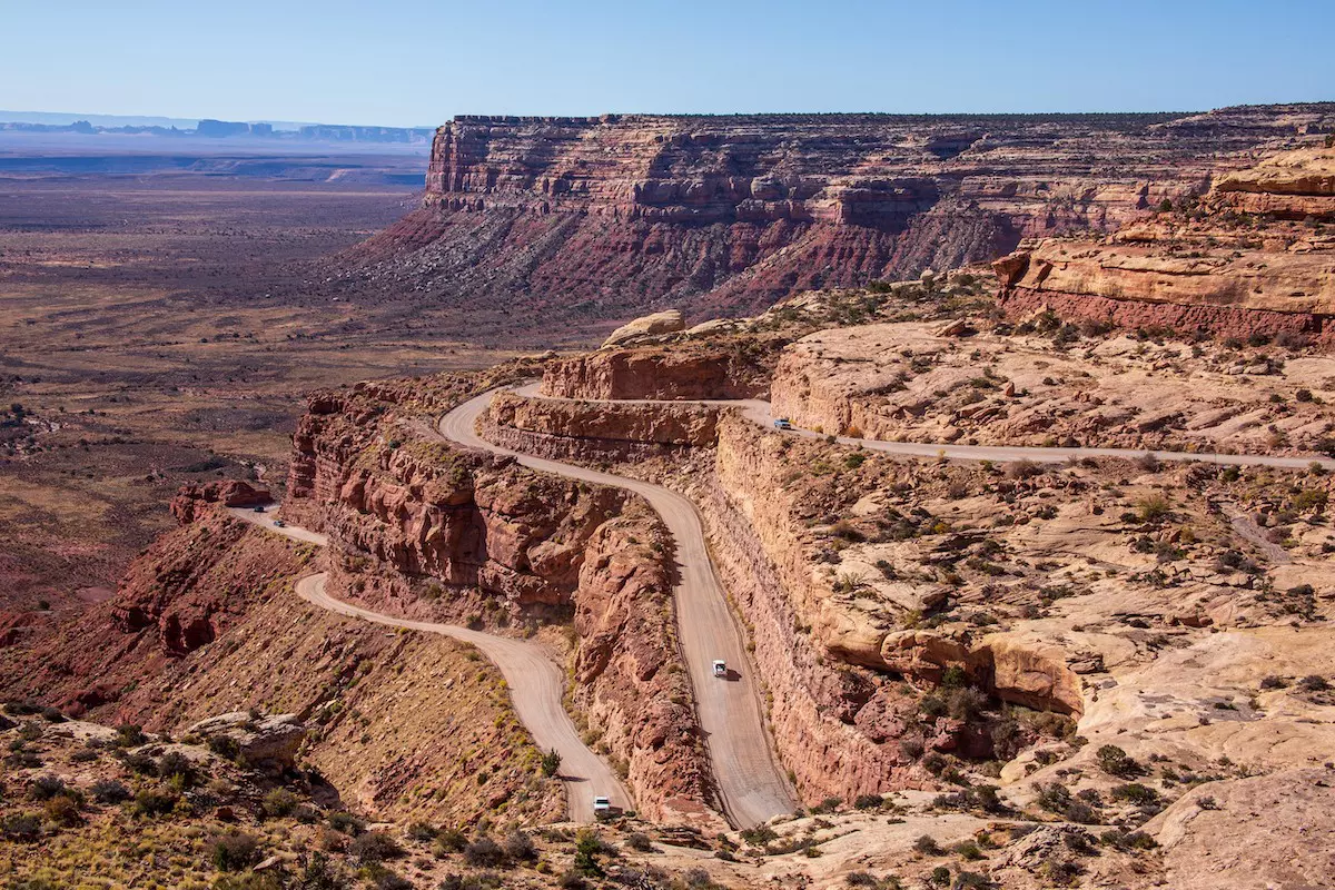 Be sure to drive with care as you navigate Moki Dugway’s switchback curves. Gordon Montgomery/ Shutterstock