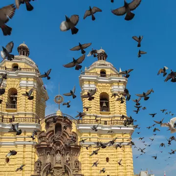 A flock of pigeons fly upwards into a blue sky above a yellow church building with two prominent bell towers