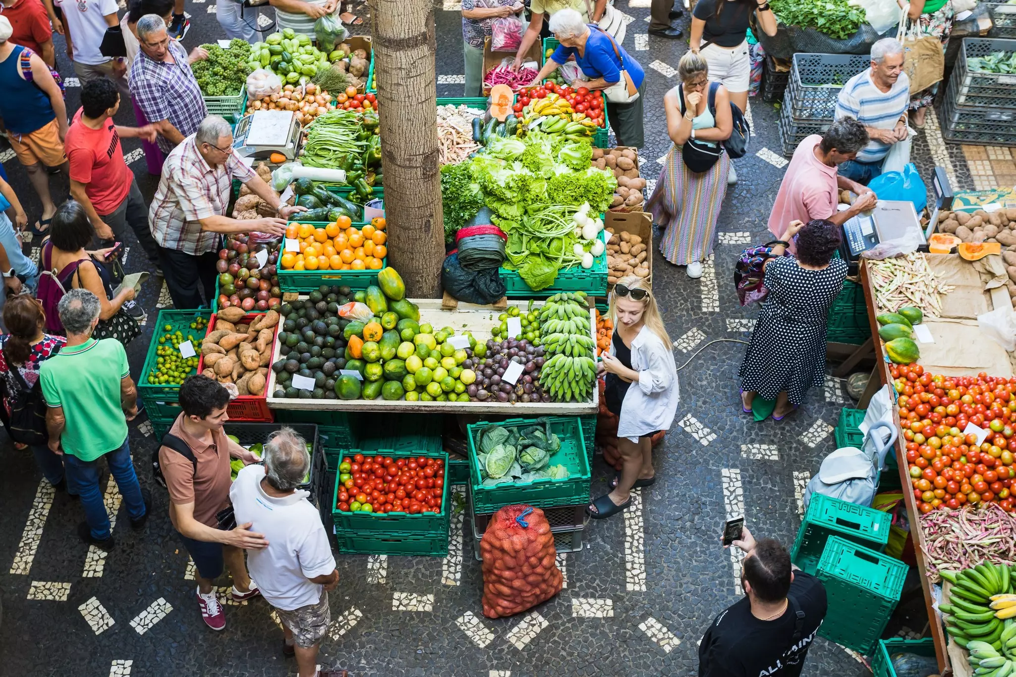 Shoppers at a market in Portugal with displays of colorful fresh produce.