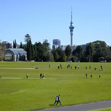 People walk on the green grass of Pukekawa/Auckland Domain on a sunny day in Auckland, New Zealand.
