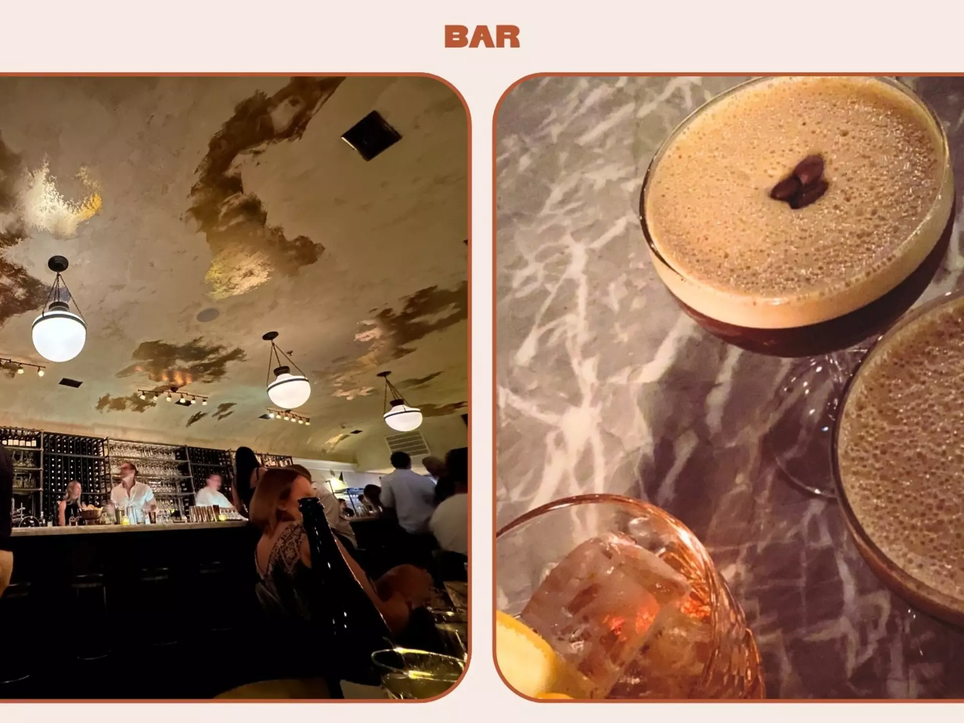 Left: Interior of Vintage Lounge, Right: Espresso martinis at Vintage Lounge