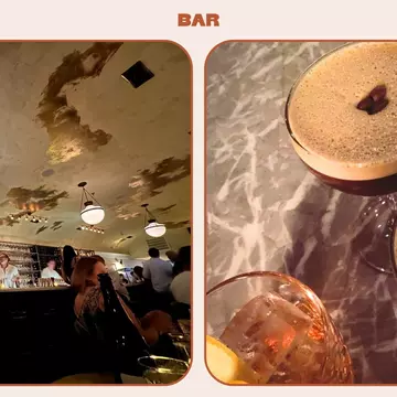 Left: Interior of Vintage Lounge, Right: Espresso martinis at Vintage Lounge