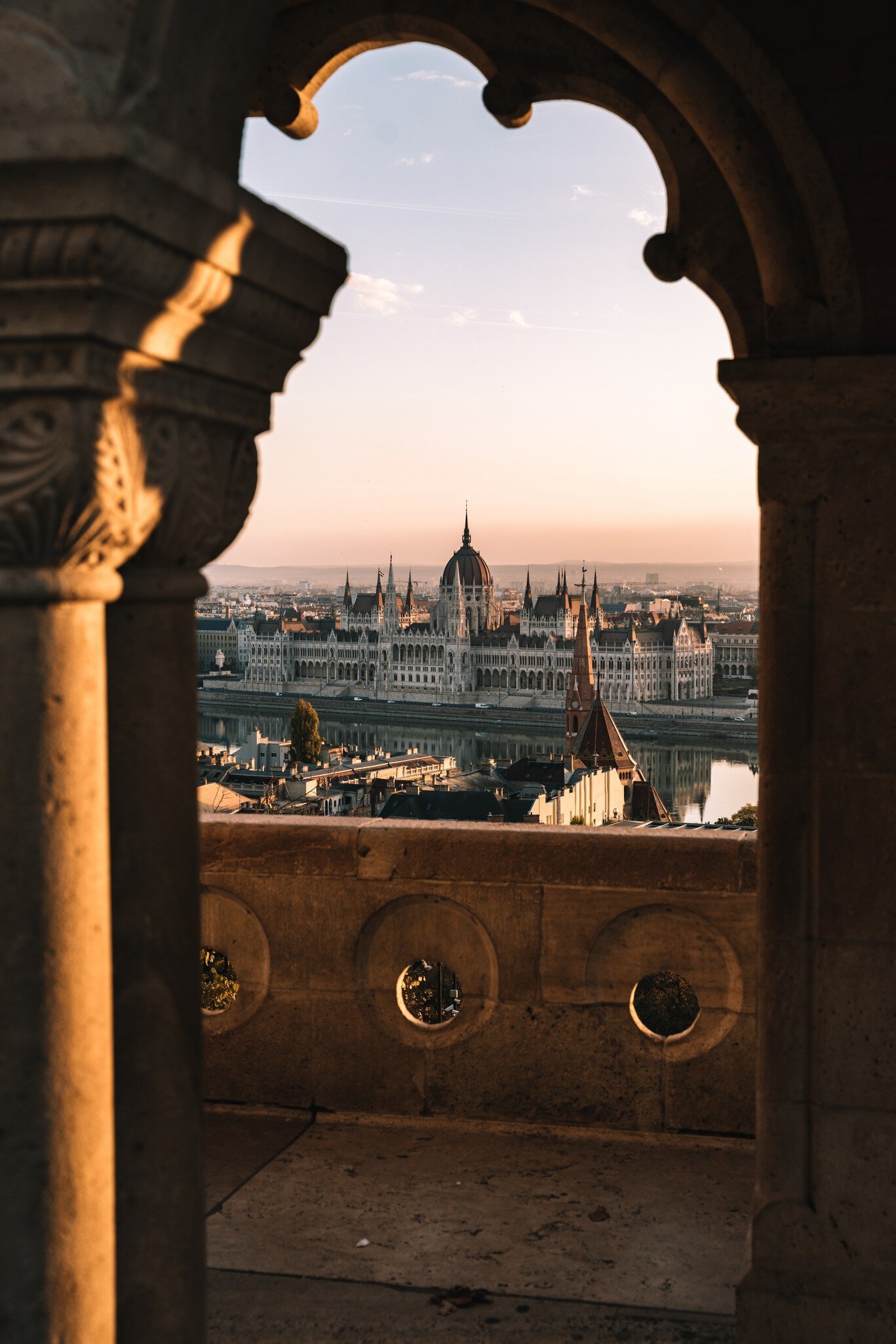 View of the Parliament building from across the Danube River in Budapest, Hungary.