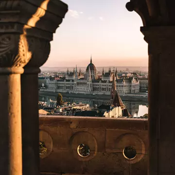 View of the Parliament building from across the Danube River in Budapest, Hungary.
