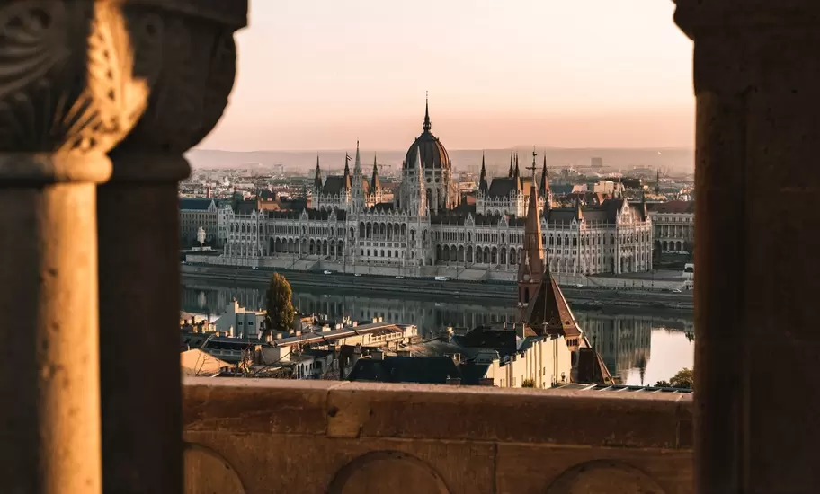 View of the Parliament building from across the Danube River in Budapest, Hungary.