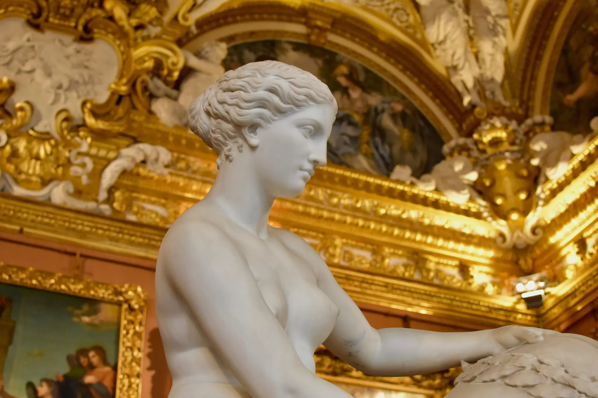 A marble statue in the Galleria Palatina at the Palazzo Pitti in Florence, Italy.