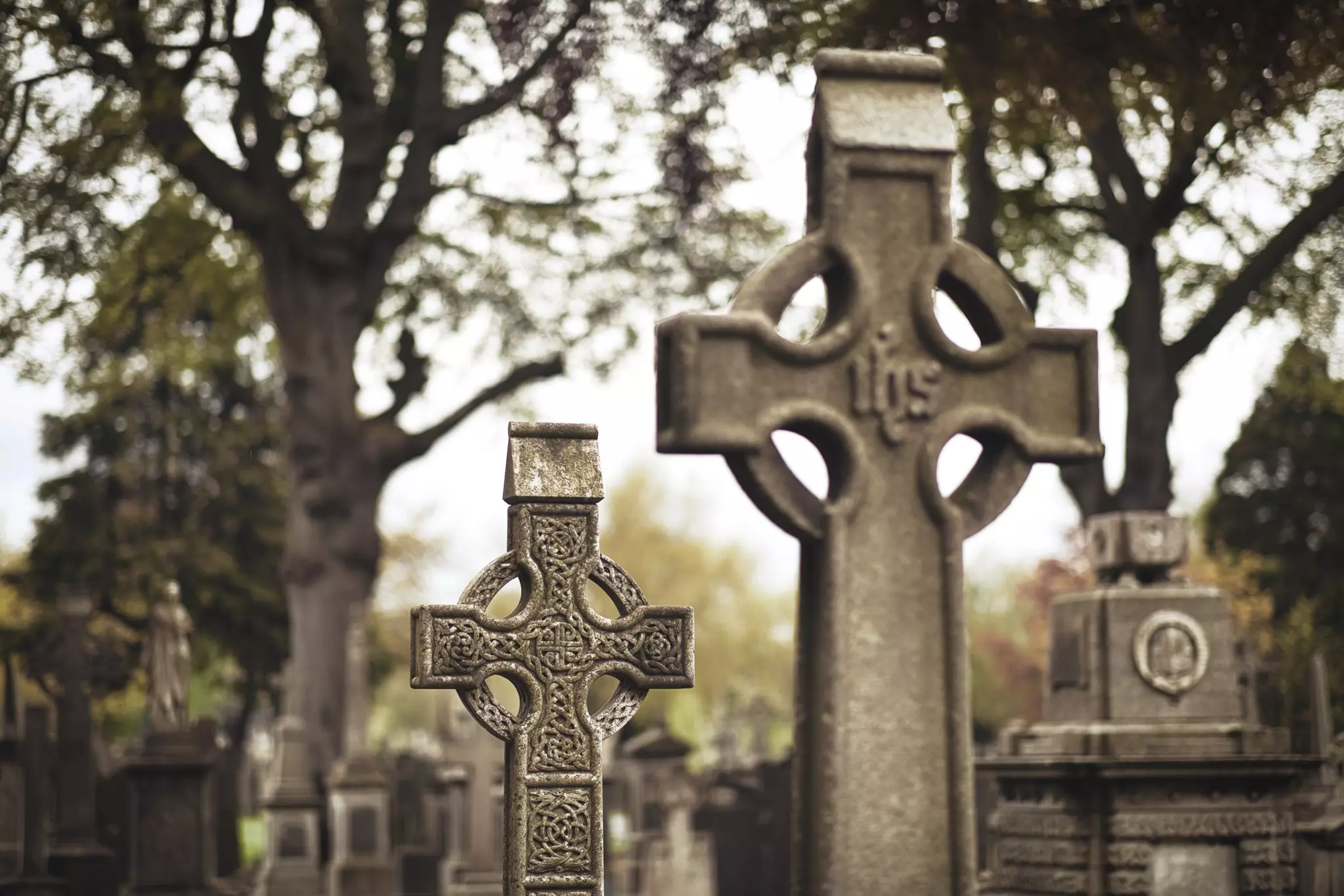 Celtic crosses mark gravestones in Glasnevin Cemetery, Dublin.