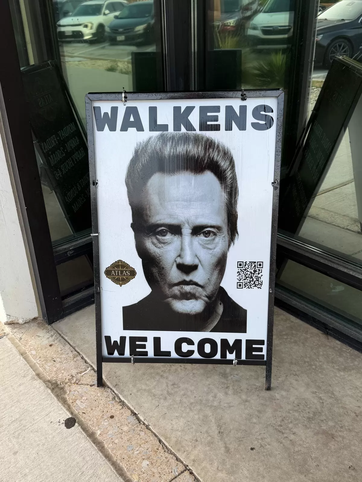 Christopher Walken sign "Walkens Welcome" outside Atlas Bar in Fort Worth, Texas