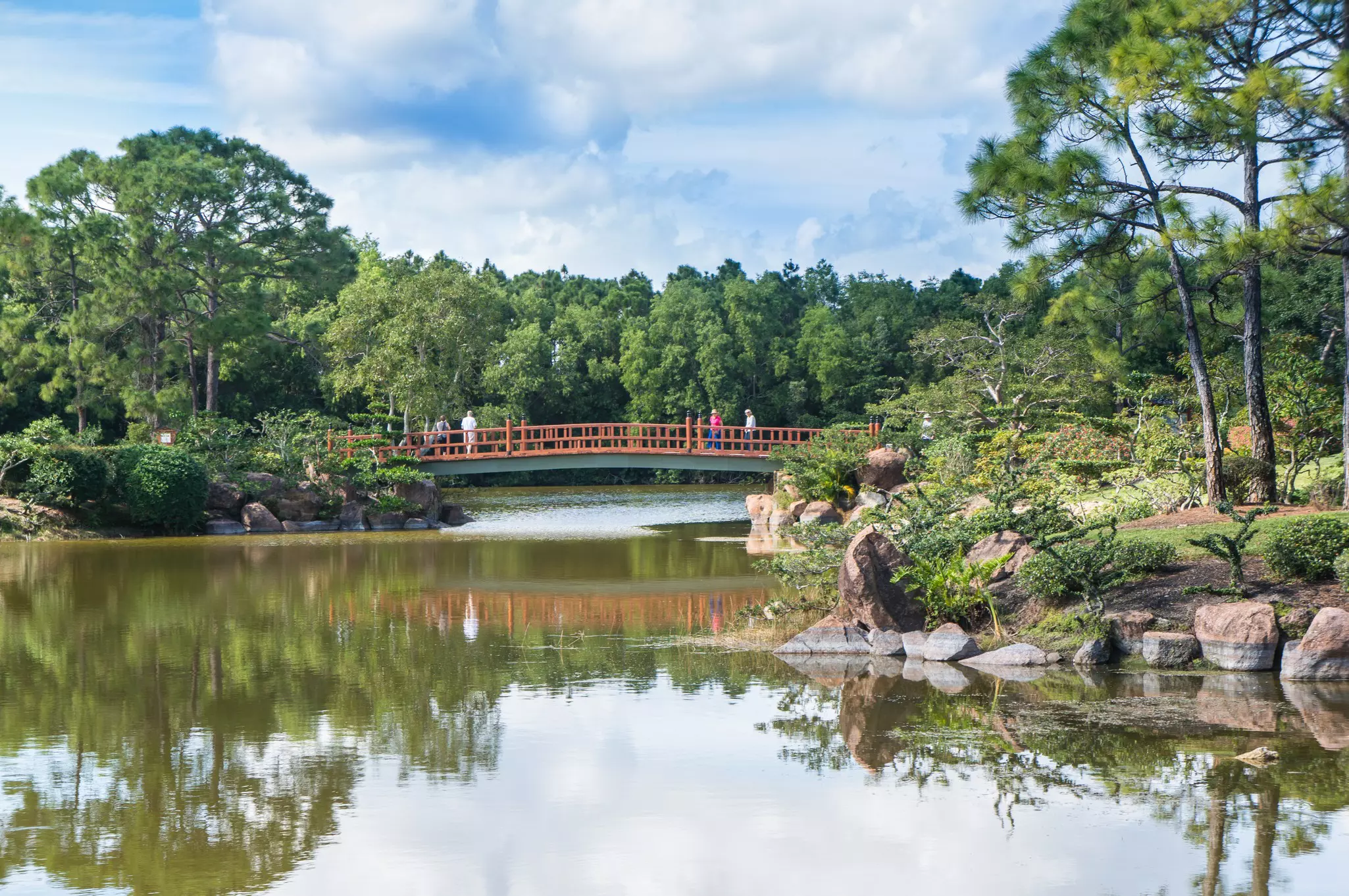 View of a small bridge over the pond at the entrance of the Morikami Japanese Gardens in Delray Beach