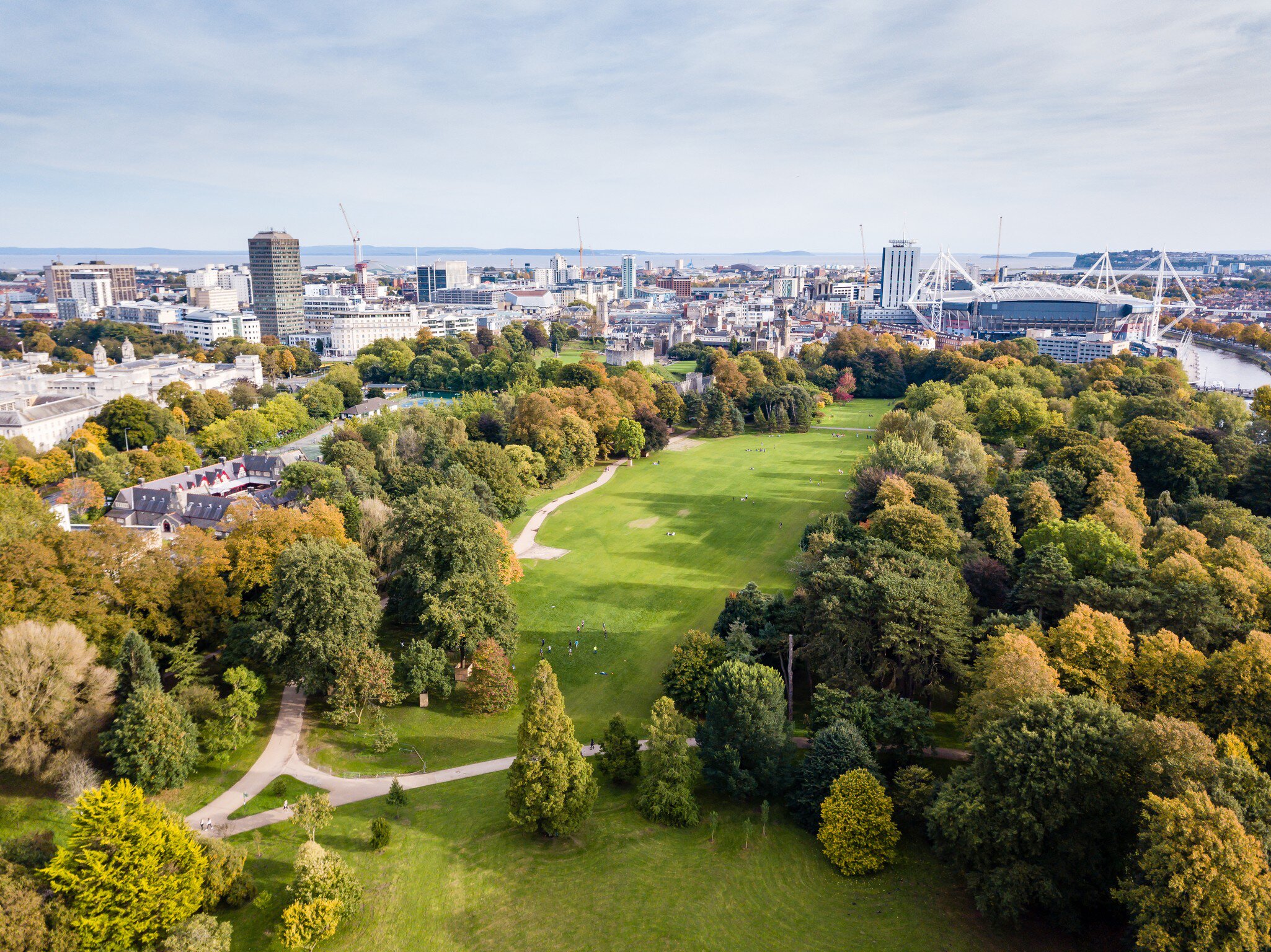 Cardiff's Bute Park in the autumn viewed from the air  Cardiff, Wales.