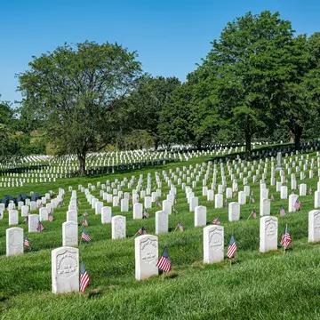 Rows of white marble headstones in mown grass beneath tall trees.