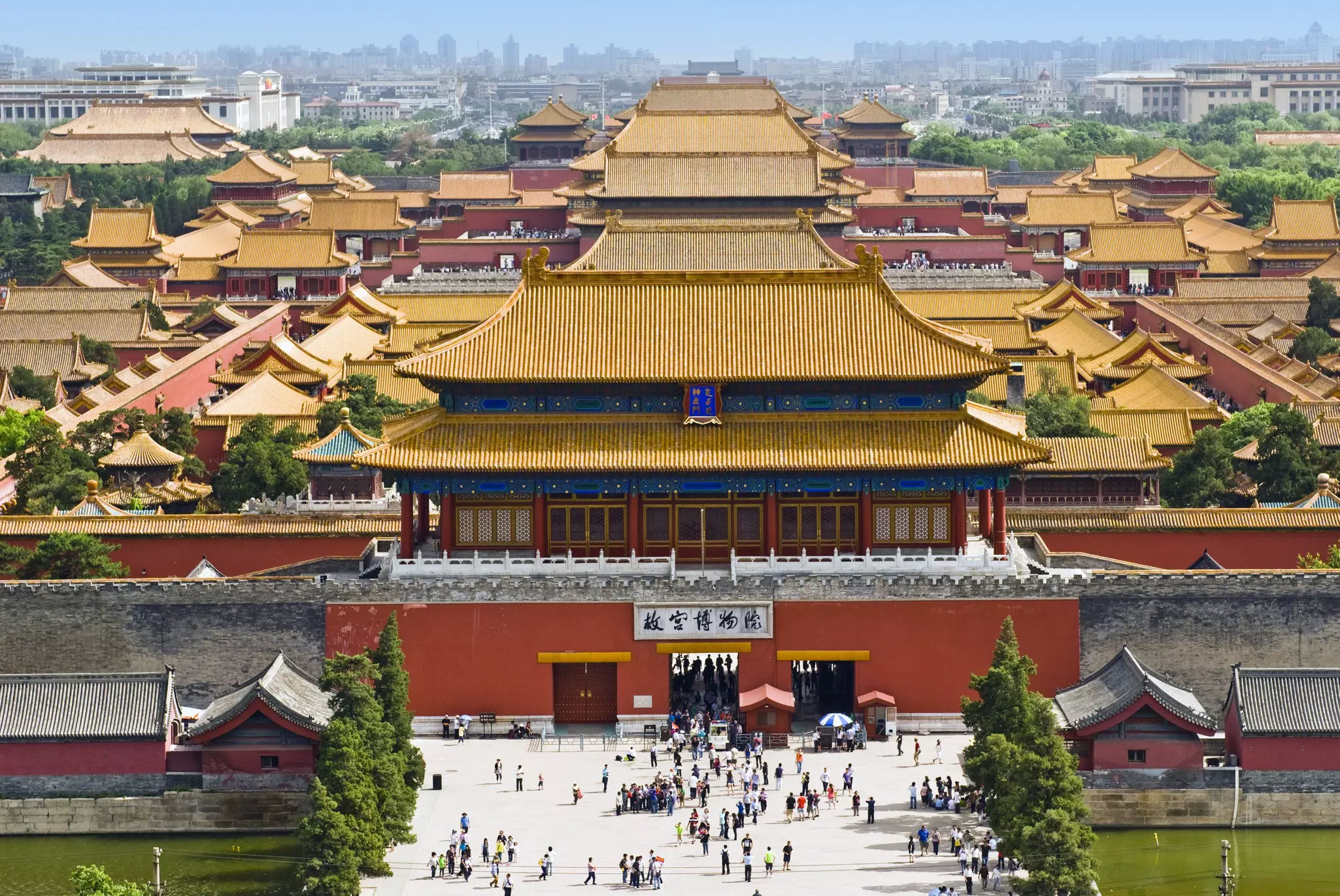 Aerial view towards the rooftops of the Forbidden City, Beijing, China.