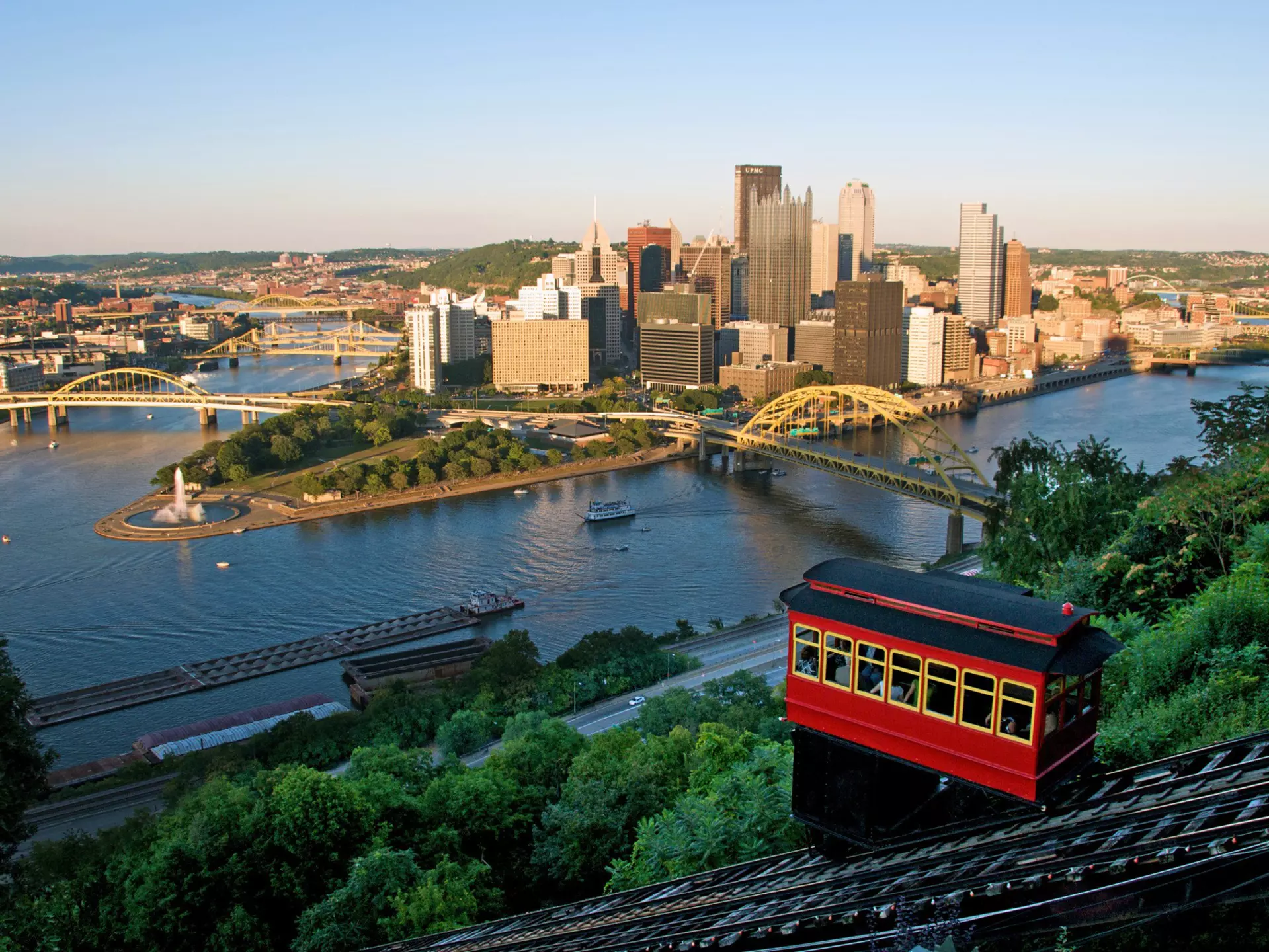 Pittsburgh skyline with a red funicular in the foreground