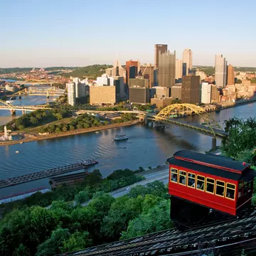 Pittsburgh skyline with a red funicular in the foreground