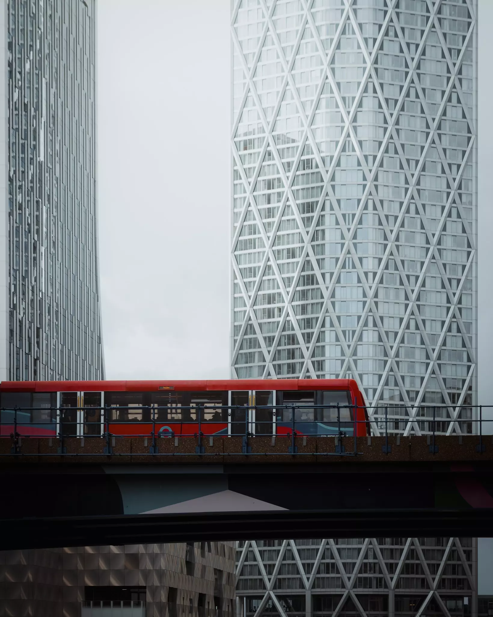 Metro passing by London's Canary Wharf