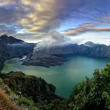 View over Mount Rinjani on the island of Lombok, Indonesia.