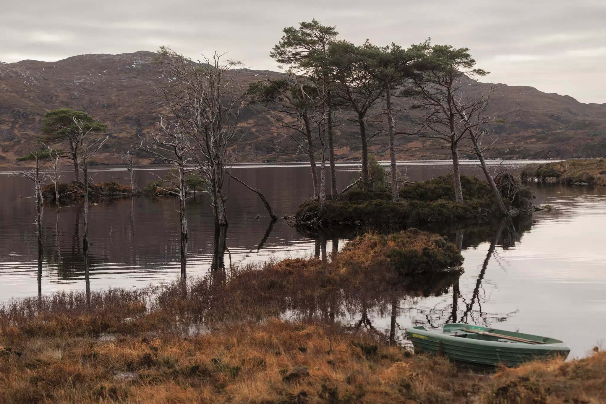 A view over Loch Assynt on the NC500 driving route in the Scottish Highlands.